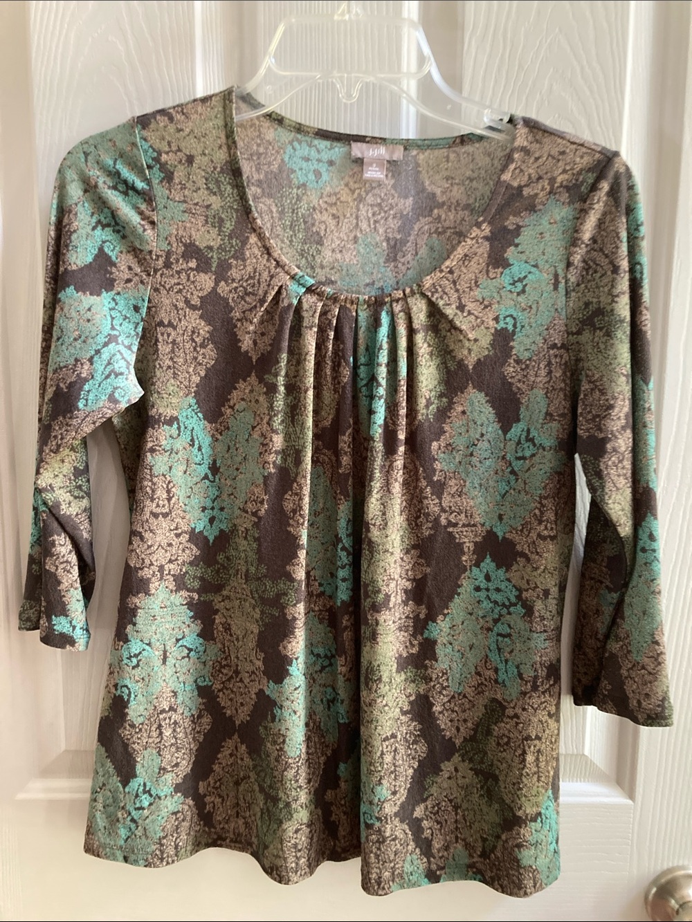 VGUC J. Jill Brown/Mint Damask Print 3/4 Sleeve Top